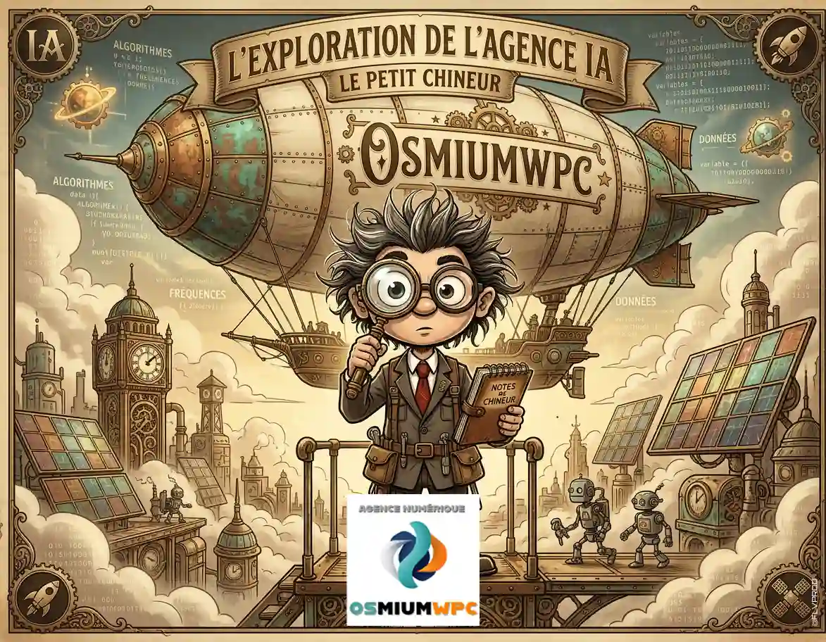 Le personnage OsmiumWPC en explorateur, carnet en main, devant un dirigeable et des panneaux solaires.