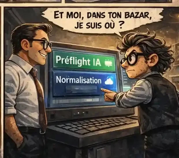 Deux personnages devant un écran affichant « Préflight IA » et « Normalisation » ; l’un demande : « Et moi, dans ton bazar, je suis où ? »