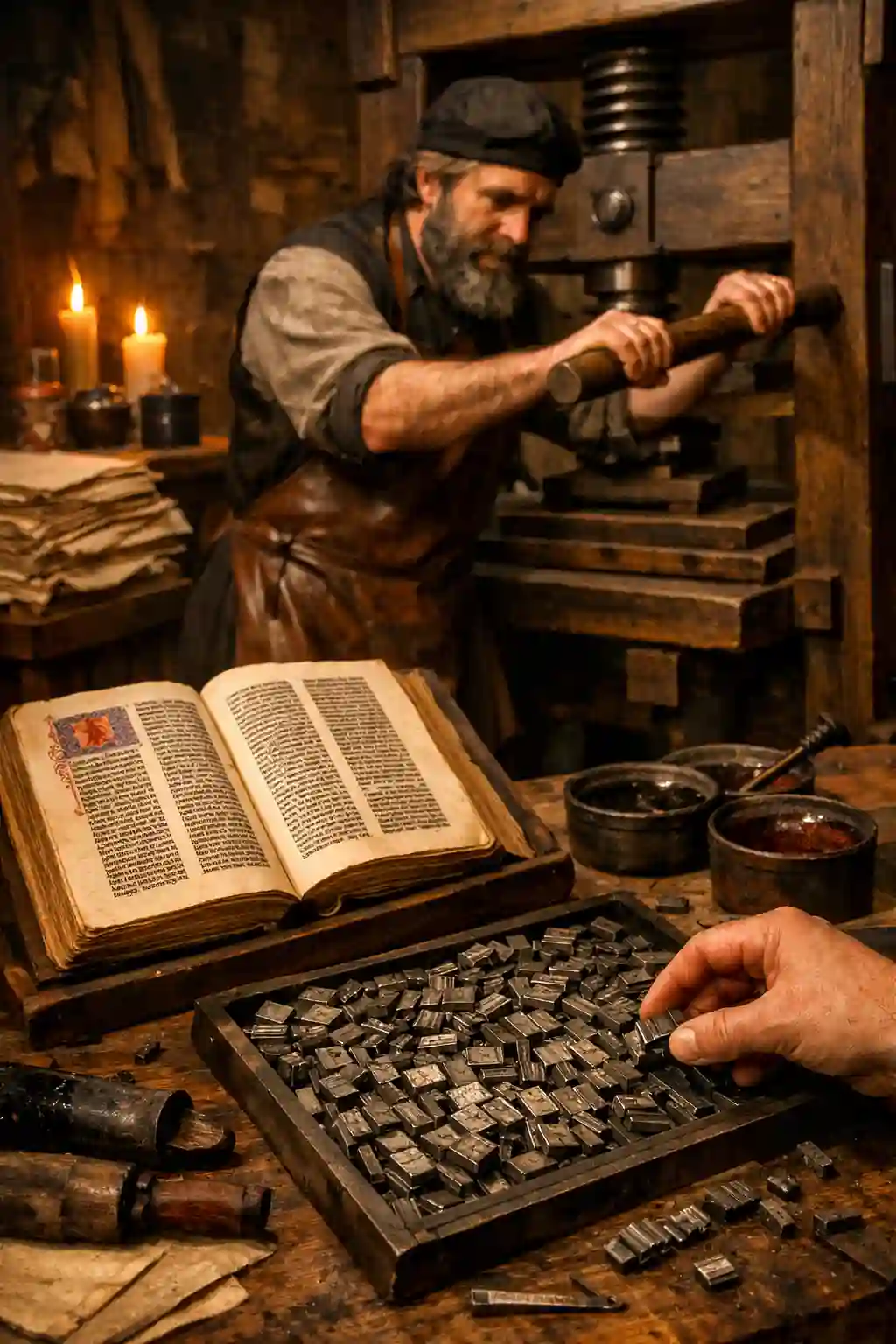 Un imprimeur actionne le barreau d’une presse à bras en bois ; au premier plan, une casse de caractères de plomb et un livre imprimé ouvert.