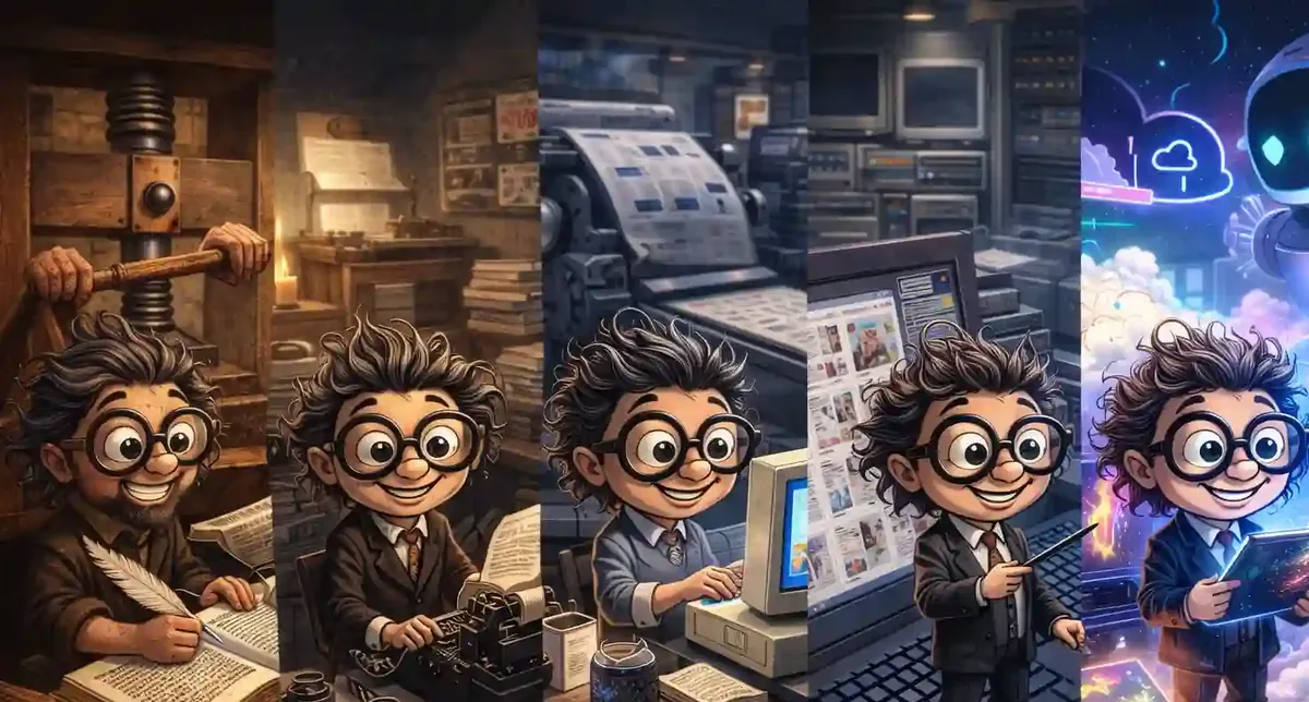 Frise de cinq panneaux : la presse à bras, la machine à écrire, la rotative, le poste informatique, l’écran d’intelligence artificielle.
