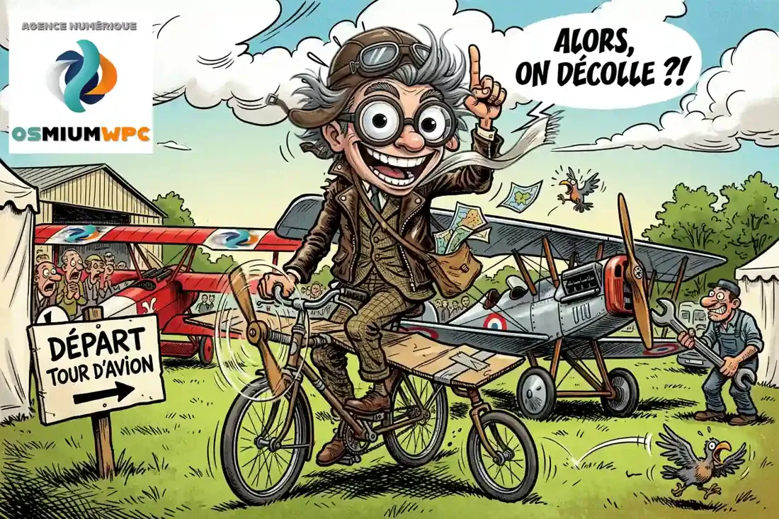 Couverture de la première version : le personnage OsmiumWPC à vélo devant un biplan, « Alors, on décolle ?! ».