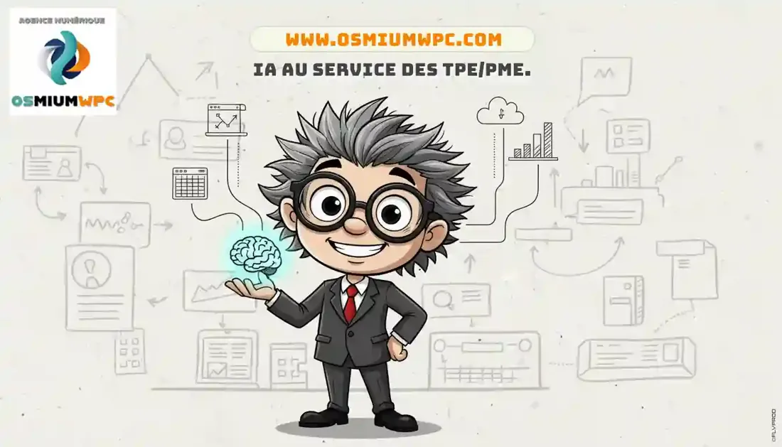 Le personnage OsmiumWPC tient un cerveau lumineux, entouré de schémas de travail.